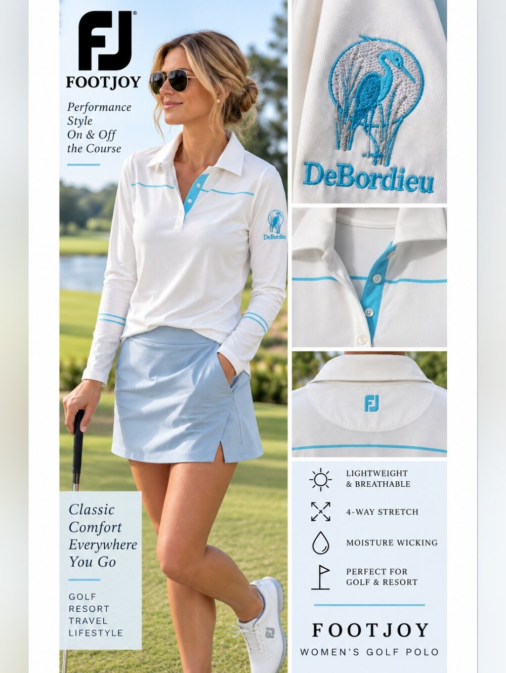 FootJoy DeBordieu Golf Club Long Sleeve Polo Shirt White Blue Womenโs Medium